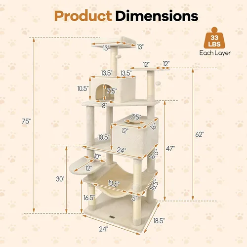 Vista 2 de DORTALA Árbol moderno para gatos de 75 pulgadas de alto, torre para gatos de varios niveles con condominios grandes, postes rascadores de sisal