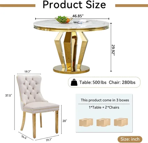Vista 3 de Juego de mesa de comedor de mármol sintético de oro blanco de 47 pulgadas para 2, juego de mesa de comedor de cocina de 3 piezas, juego de mesa