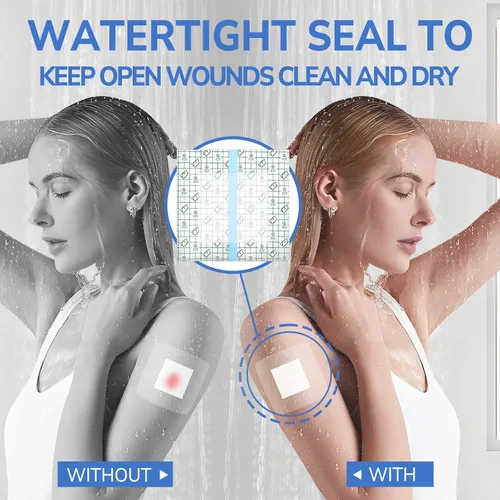 Vista 4 de Funda de ducha para ostomía, 50 unidades, protector de ducha impermeable, 8 x 8 pulgadas Large Size Waterproof Shower Guard, Non-Adhesive Center