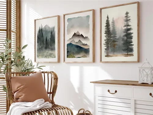 Vista 11 de Arte de pared de bosque brumoso, arte de pared de abeto, paisaje natural, lienzo, impresiones abstractas de bosques, pintura de granja, póster