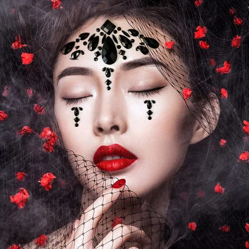 Vista 7 de Joyas faciales negras, tatuaje, calcomanías corporales, lágrimas, gemas temporales, calcomanías para Halloween, festivales, música, carnaval