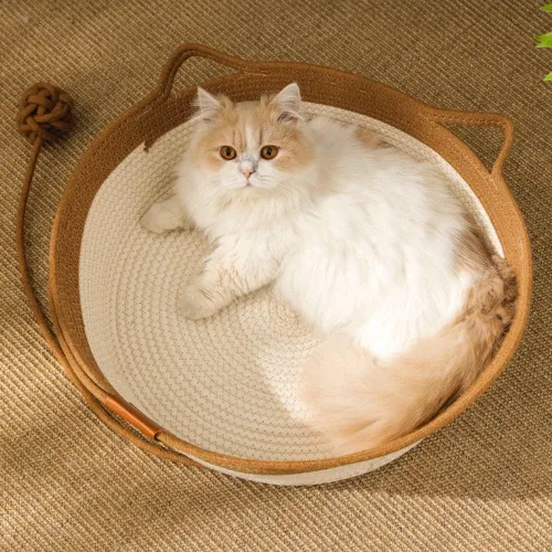 Vista 7 de Cama para gatos de cuerda de algodón tejida a mano, transpirable y fácil de limpiar, hamaca plegable para rascar con diseño de orejas de gato