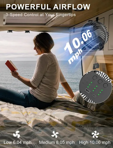 Vista 8 de Ventilador magnético aprobado para cruceros, ventilador de viaje con batería de 12000 mAh con 5 velocidades, linterna LED, temporizador, se pega