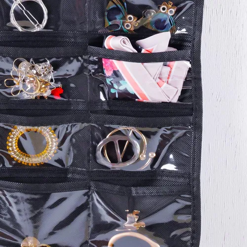 Vista 7 de Cemueo Organizador de joyas colgante, bolsa de almacenamiento de cadena de joyería de doble cara con 80 bolsillos, 2 capas de tela, organizador