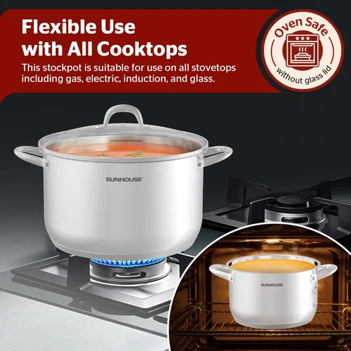 Vista 6 de Sunhouse: Olla de acero inoxidable – 16 cuartos de galón – Tapa de vidrio templado, parte inferior de 3 capas, sopa, pasta-alimentos, hervir a fuego