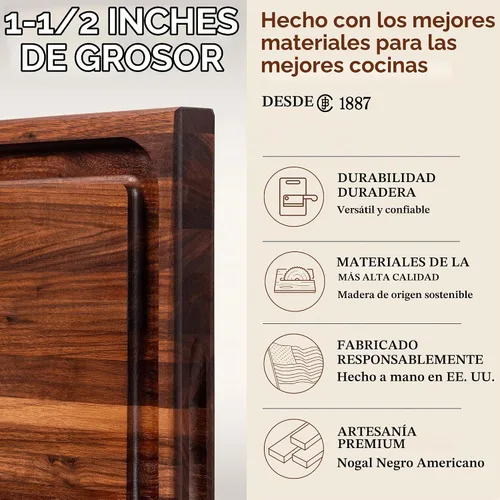 Vista 3 de John Boos BBQ Series Tabla de cortar rectangular de madera de nogal de 17 x 21 pulgadas - 1.5 pulgadas de grosor, bloque de carnicero reversible