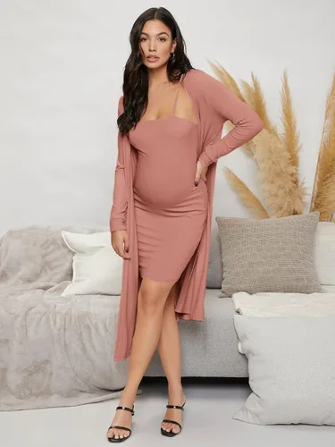 Vista 5 de MakeMeChic Conjunto de ropa de maternidad para mujer, vestido ajustado acanalado y cárdigan para embarazo