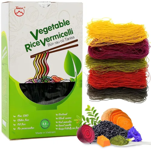 Vista 9 de TANISA 3 paquetes de fideos de arroz Vercimelli vegetales, 5 colores naturalmente vegetales, fideos de arroz finos, fideos sin gluten, sin OMG, sin