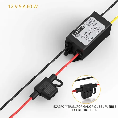 Vista 2 de Convertidor de 24 V a 12 V, convertidor descendente CC-CC, convertidor de voltaje de potencia de 5 A 60 W con fusible impermeable, transformador