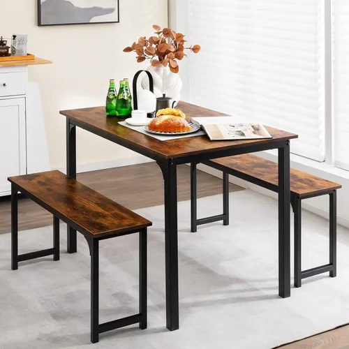 Vista 9 de LDAILY Moccha - Juego de mesa de comedor para 4, mesa de cocina con bancos, juego de comedor de madera de 43 pulgadas que ahorra espacio con marco