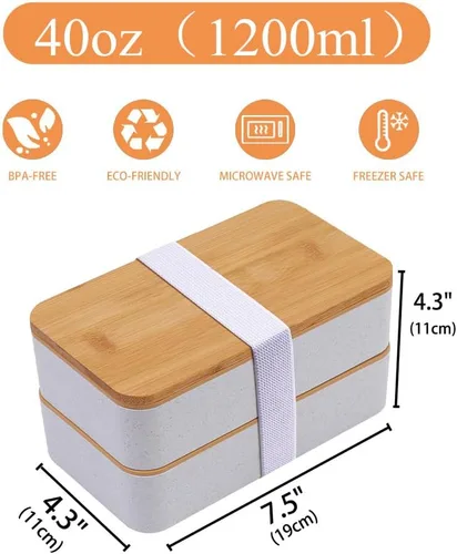 Vista 5 de Lonchera japonesa de bambú Bento con compartimentos y utensilios, apilable, incluye bolsa de almuerzo para preparación de comidas, color beige