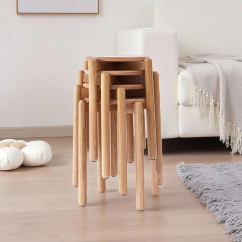 Vista 10 de Taburete apilable de roble, soporte pequeño para plantas, taburete redondo de madera para comedor, sala de estar, entrada, aula, escuela, 15.4 x