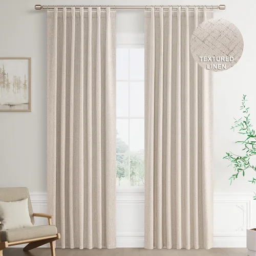 Vista 69 de Joywell - 2 cortinas de lino 100% opacas, con bolsillo para cortinero, trabilla trasera, cinta para ganchos y anillas con clip, con aislamiento