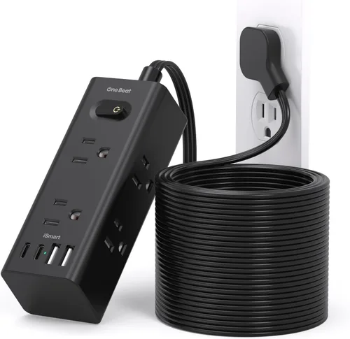 Vista 15 de Cable de extensión de 1 pie con múltiples tomas, regleta de alimentación de enchufe plano con cable de 1 pie, 6 tomas de corriente, 4 puertos USB
