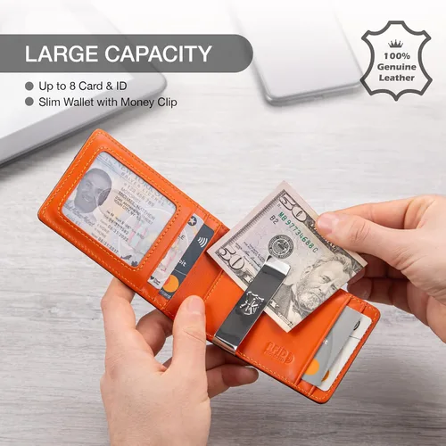 Vista 3 de Billetera con clip para dinero para hombre, delgada, con bloqueo RFID, de piel real, bolsillo frontal, plegable, tarjetero, caja de regalo