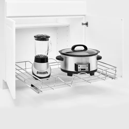 Vista 3 de Rev-A-Shelf Organizador individual de acero extraíble para gabinetes de cocina y baño, cesta de almacenamiento de alambre con cierre suave, cromo