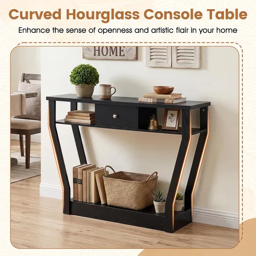 Vista 5 de BestComfort Mesa consola estrecha de 47 pulgadas con cajón, acento de entrada de madera de 3 niveles con estantes abiertos, mesa de sofá multiusos