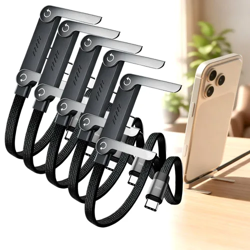 Vista 10 de Cable de carga trenzado de 240W con soporte para teléfono incorporado, 2026 Nuevo cable USB-C plegable y duradero de 90 grados, cable de carga 3