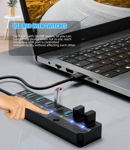 Vista 4 de Concentrador USB 3.0, concentrador USB Eanetf de 7 puertos con interruptores LED individuales de encendido/apagado y cable largo extendido