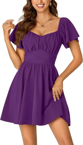 Vista 12 de Rooscier Minivestido acampanado de manga corta con volantes, cuello cuadrado, envolvente y espalda anudada para mujer