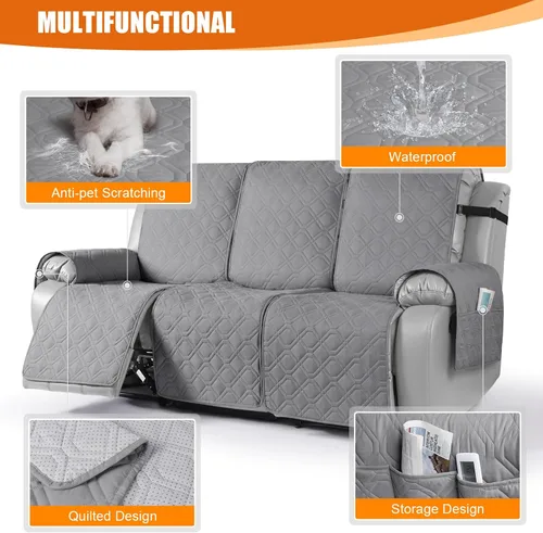 Vista 7 de VANSOFY Funda impermeable para sofá reclinable, funda para sofá, lavable y reclinable, protector de muebles con correas elásticas, bolsillo
