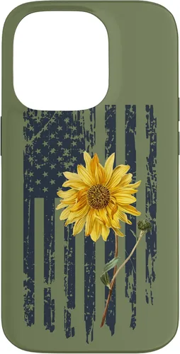 Vista 17 de iPhone 16 Yellow Sunflower Patriotic US American Flag Women Sage Green Case