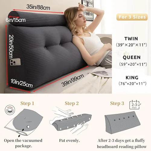 Vista 7 de Almohada de Cabecera Individual, Cojín Triangular en Forma de Cuña con Rodillo para el Cuello, Almohada de Apoyo para la Espalda con Funda Extraíble