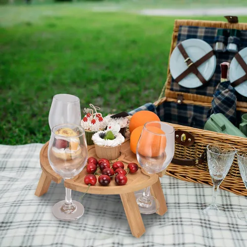 Vista 2 de Mesa de picnic plegable portátil, mesa de madera plegable al aire libre con soporte para copa de vino para senderismo, camping, cena
