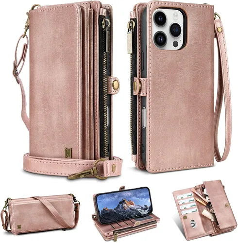 Vista 74 de Funda tipo cartera para iPhone 16 Pro Max con 8 tarjeteros, bloqueo RFID, piel sintética, función atril, abatible, correa de muñeca y correa
