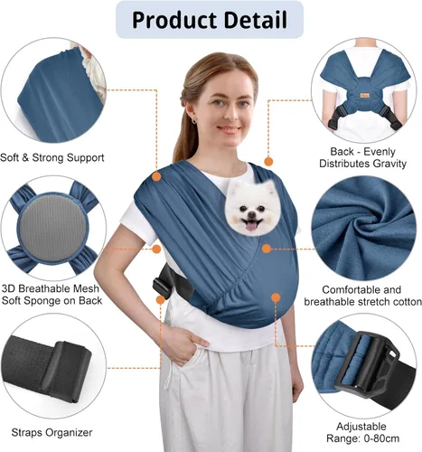 Vista 3 de CUBY Transportador para perros pequeños, arnés frontal para mascotas, manos libres, ajustable, para gatos, de algodón suave que reduce el dolor, Azul