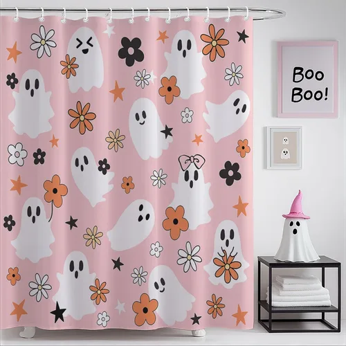 Vista 8 de Mocsicka Cortina de ducha rosa de Halloween, bonita decoración de baño de fantasma, cortina de ducha de fantasma floral genial, cortina de baño