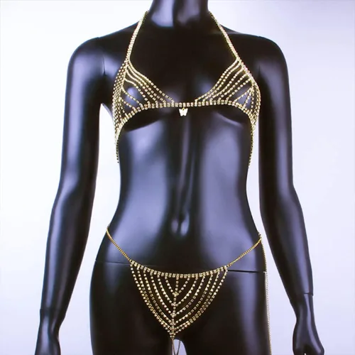 Vista 2 de Koleso - Conjunto de bikini con diamantes de imitación para mujer, con cadena de cintura para el vientre, cadena erótica, ropa