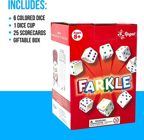Vista 3 de Regal Games - Juego de dados clásico Farkle con 6 dados de colores, 1 conveniente cubilete para agitar fácilmente y 25 hojas de puntaje - Juego