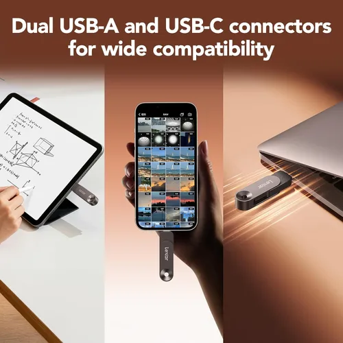 Vista 7 de Lexar Unidad dual de estado sólido de 128 GB D500 USB 3.2 Gen 1, para dispositivos USB tipo C/USB tipo A, lectura de hasta 400 MB/s, compatible