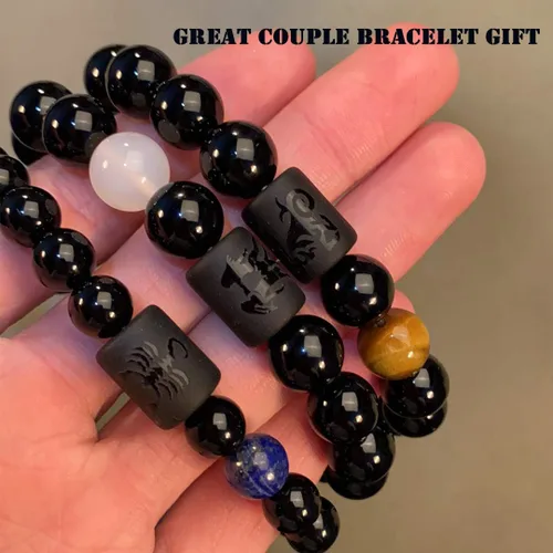Vista 7 de VLINRAS - Pulsera de signo del zodiaco, para hombre y mujer, de 0.315 y 0.394 pulgadas, ónice negro natural, signo de estrella, constelación