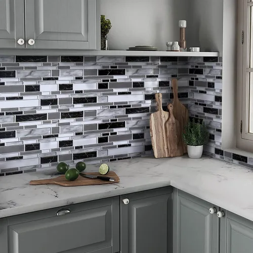 Vista 9 de Loseta en muro adhesiva de color blanco y negro para cocina, papel tapiz removible de 17.7 x 196.8 pulgadas, papel adhesivo con azulejos para baño