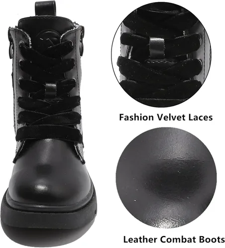 Vista 3 de DADAWEN Botas de tobillo con purpurina para niños y niñas, zapatos de combate impermeables con cremallera lateral para niños pequeños, niños grandes