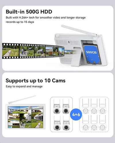 Vista 7 de Sistema de cámara de seguridad inalámbrica, 4 cámaras PTZ de 3MP para exteriores para vigilancia del hogar, monitor LCD NVR de 10 canales de 10
