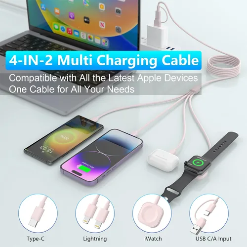 Vista 5 de Cable de carga 4 en 2 iWatch para reloj y iPhone, cable de carga de 6 pies/5.9 ft, combo de cargador para iPhone y reloj, cable de carga múltiple