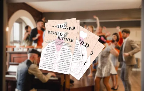 Vista 6 de Tarjetas de juego para despedida de soltera, juego de "Would She Rather Game", tarjetas de fiesta de compromiso rosas para boda, juego de 30