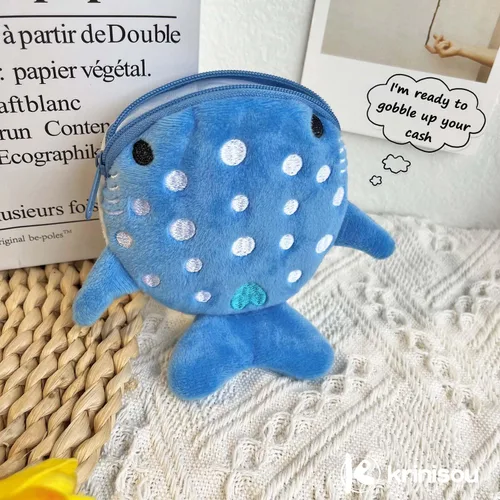 Vista 8 de Monedero de tiburón ballena, bolsa de felpa para niños, bonita cartera Kawaii con llavero con cremallera, pequeño bolso bordado de peces marinos