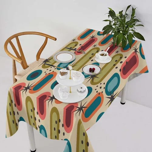 Vista 19 de Mantel retro moderno de mediados de siglo, diseño de colores retro de los años 50, resistente al agua, mantel lavable para cocina, comedor, fiesta