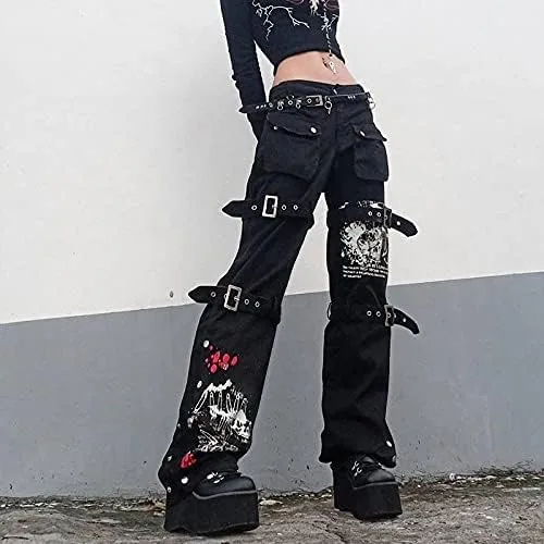 Vista 3 de NUFIWI Pantalones estilo cargo góticos para mujer, holgados, de cintura baja, pierna ancha, holgados, estilo Harajuku, ropa de calle punk