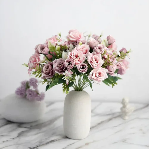 Vista 10 de Tableclothsfactory 4 arbustos Ramo de novia de seda artificial de 12 pulgadas, color oro rosa, flores sintéticas
