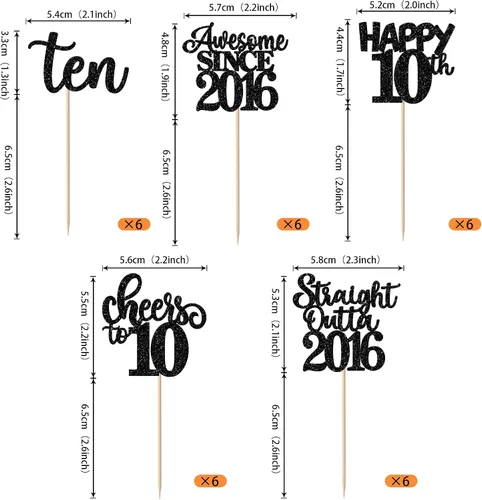 Vista 2 de Paquete de 30 adornos para cupcakes de 10º cumpleaños con purpurina recta hacia fuera de 2016, Happy 10th Ten Awesome Since 2016, 10 fabulosas Negro