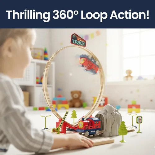 Vista 4 de Juguetes de tren para niños pequeños de 3 a 5 años Juego de tren eléctrico para niños – Tren de juguete, estación de tren con bucle, puente