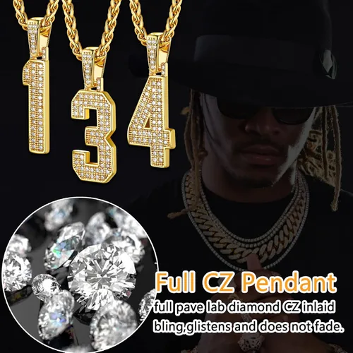 Vista 6 de U7 Initial Number Necklace for Men Women, 18K Gold Plated Bling CZ Iced Out Hip Hop Jersey Number Pendant A-Z 26 Letter Necklace, Number 0-9
