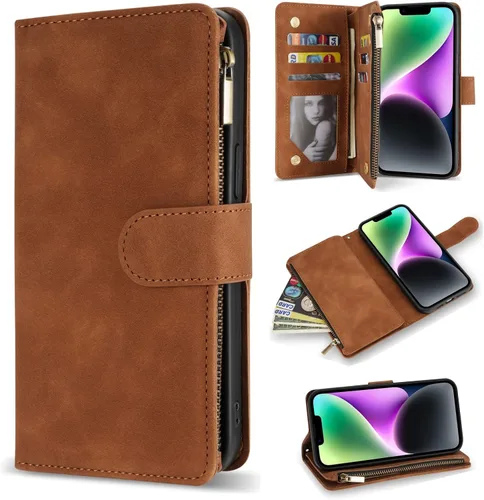 Vista 18 de ZZXX Funda tipo cartera para iPhone 14 Plus con [Bloqueo RFID] Ranura para tarjetas Cuero PU suave premium con cremallera tipo folio plegable