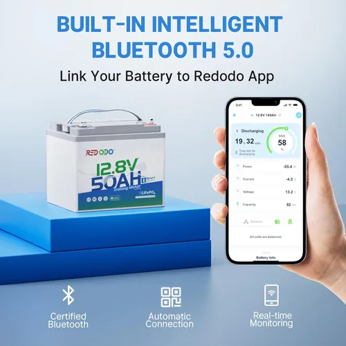 Vista 2 de Redodo Batería de litio Bluetooth inteligente de 12 V 50 Ah LiFePO4 para motor de arrastre, protección contra bajas temperaturas, vida útil de 10