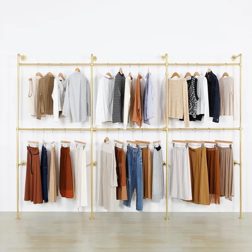 Vista 9 de Perchero industrial para ropa de tubería resistente, doble barra de armario, barras de ropa para colgar ropa, montaje en la pared, sistema